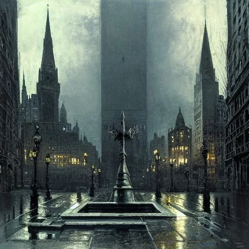 Square with fountain , Gotham city,Neogothic architecture, by Jeremy mann, point perspective,intricate detailed, strong lines, John atkinson Grimshaw,pipes, chimneys