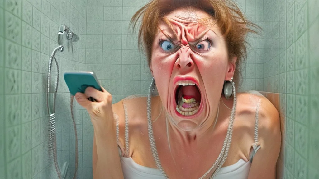 angry lady on the phone in the bathroom