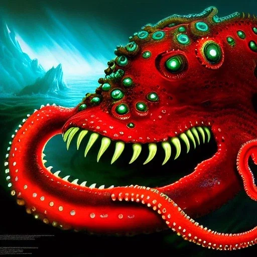 ultra detailed fullbody Drawing of a Cyborg Sea monster Gigantic RED Alien octopuss on the shore ,metal body, open mouth, with sharp teeth, with glowing Green eyes, extremely detailed digital painting, intrincate, extremely detailed face,crystal clear Big eyes, in the style of Frank Frazetta, mystical colors , perfectly centered image, perfect composition, rim light, beautiful lighting, 8k, stunning scene, raytracing