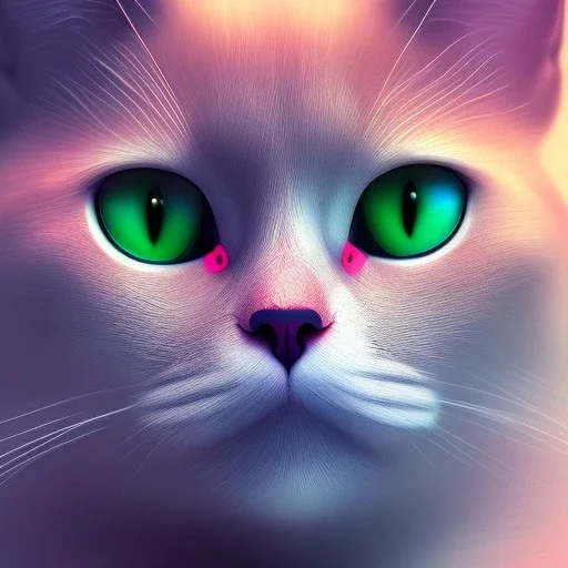 Cat, white, hyperrealism, masterpiece, expert, 8K, sharp focus, cinematic lighting, pink, green, blue, pastel