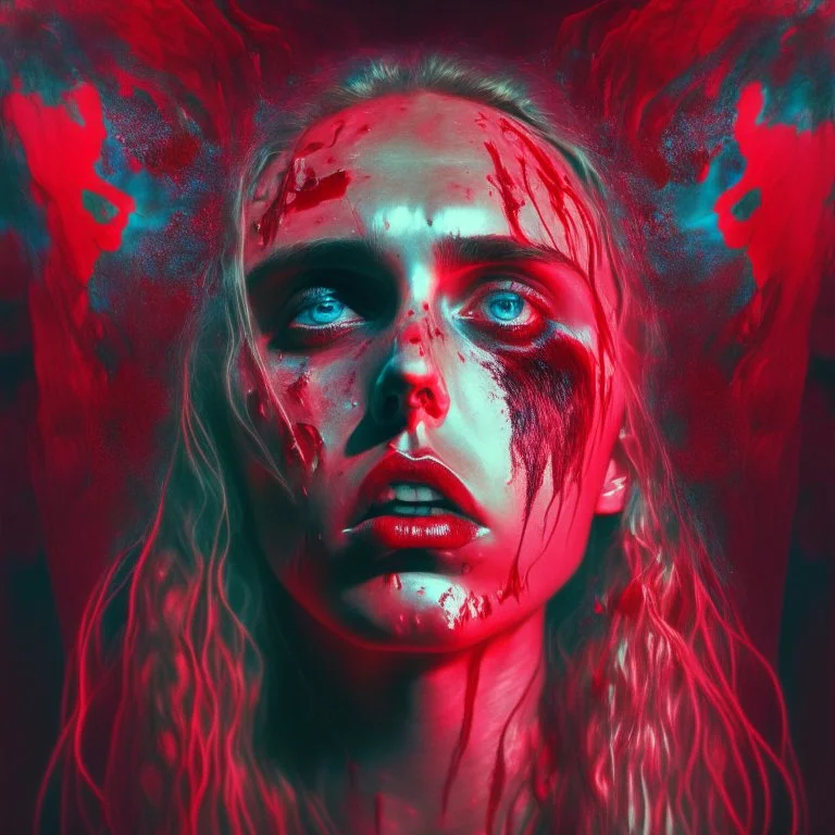 Singer Danish MØ face, blood, guts, wildflower, cosmic, futuristic, iridescent, intricate, darkred tones,