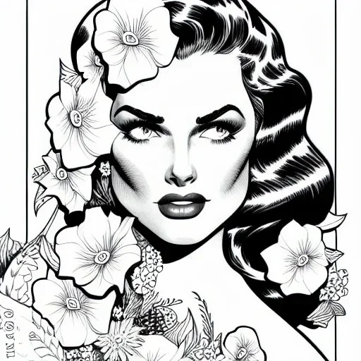 hyper detailed, black and white, thick line, coloring book illustration, lineart, stunningly beautiful woman in flowers, alex raymond style