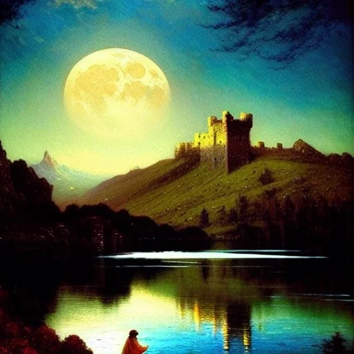 Drawing of 'Medieval Romanian Castle',mountain,lake,full moon, by gaston bussiere, greg rutkowski, yoji shinkawa, yoshitaka amano, tsutomu nihei, donato giancola, tim hildebrandt, oil on canvas, cinematic composition, extreme detail,fit full head inside picture,16k