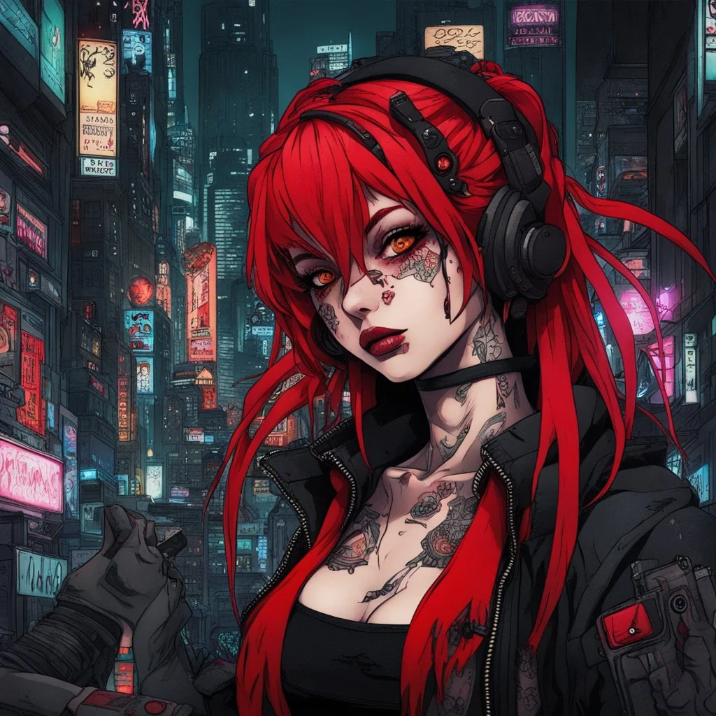 Darksynth,horror,Judy Alvarez,anime cyberpunk girl, eye shadows, arasuka, cyberpunk night city, piercing, gang tatto, red hair