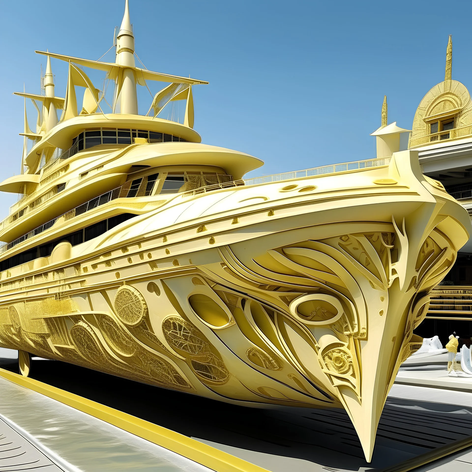 A pale yellow lightning yacht designed in ancient Egyptian architectures and sculptures painted by Zhang Lu