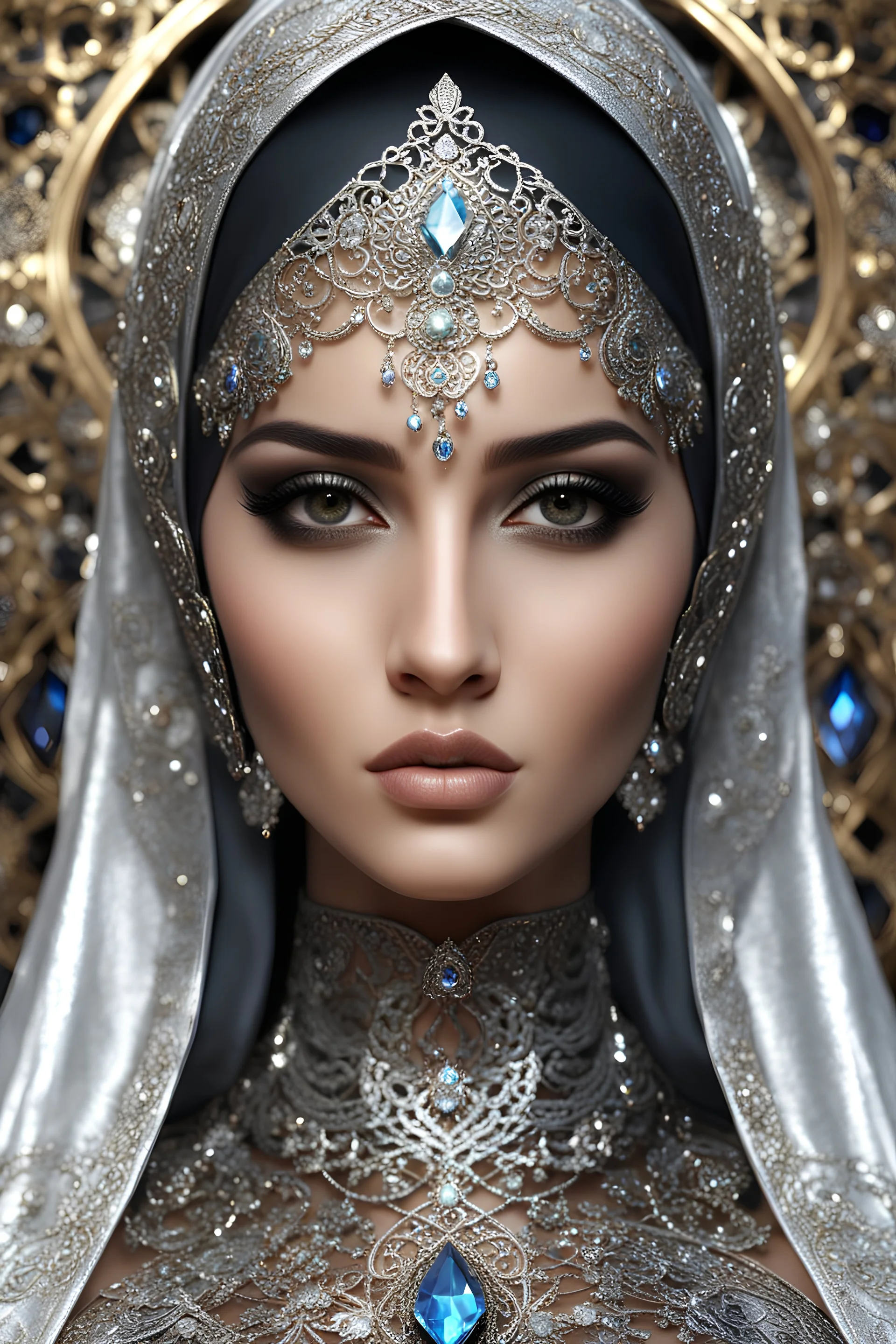 Length picture photography realistic full body of young iranian woman hijab, beautiful, shiny hard eyes, make up, Fantasy style, ornate, large gemstones, shiny molten metalics, shiny wire filigree, silver hair, high definition, high res, octane render