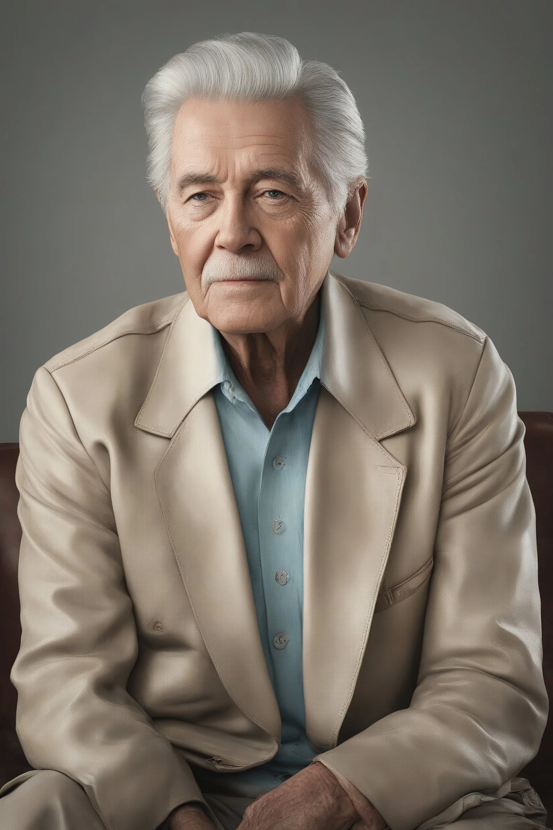 Full Color image, 8k, Ultra-HD, hyper realistic, Photorealistic, focused, fine detail, professional photo, beautiful -- head to shoulder pose, 80-year-old Harold Kendall sitting facing almost forward, thin, bowl-cut, gray hair, mustache, medium build, Resembles Elvis Presley, tan leather jacket with wide collar, light blue button up shirt, Blue Jeans,