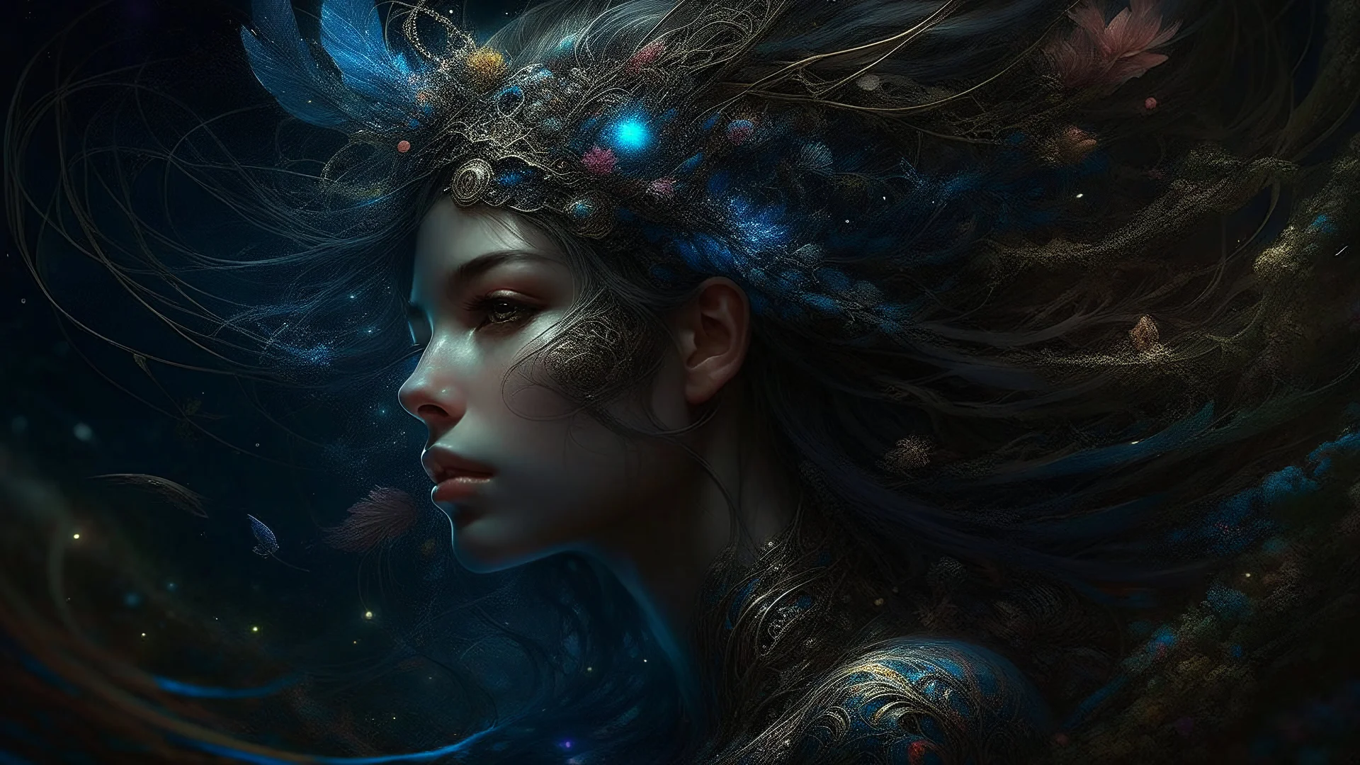 digital painting, displaying intricate details and otherworldly beauty. The overall effect is a mesmerizing blend of fantasy and cosmic wonder.