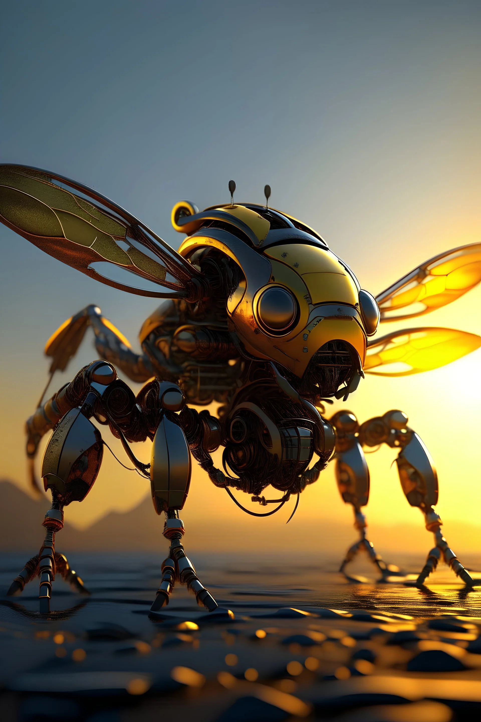 Robot bee, mechanical, close-up, intricate details, surreal, 3D rendering, parked on the ground, sunrise, wings spread, science fiction
