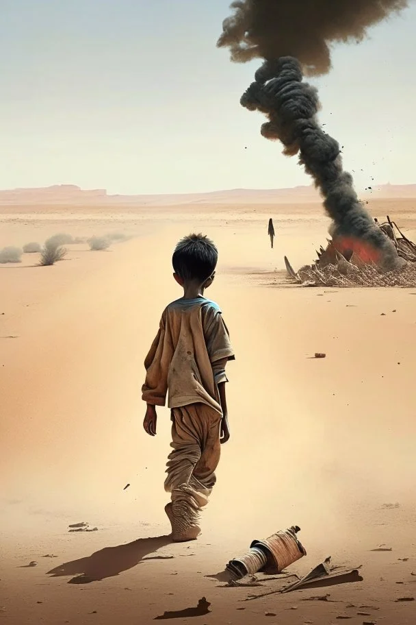 A 25-year-old wounded boy is walking in the desert with his head down, smoking a cigarette, and the scene of destruction is happening behind him