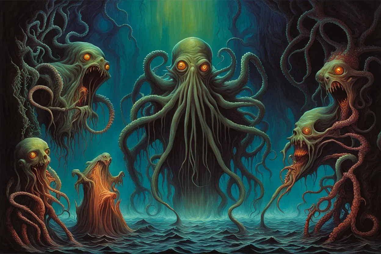 Eldritch horrors of the deep, by Michael Whelan, by John jude Palencar, surreal horror art, alcohol oil painting, reactive UV dark colors, vivid lovecraftian gods and their grotesque puppets pierce through an enveloping darkness brilliantly grounded against the backdrop of an elusive nightmare, expansive, maximalist, palpable textures, distressing hues, Palencar's distinctive visceral style, detailed line work, rich sharp colors.