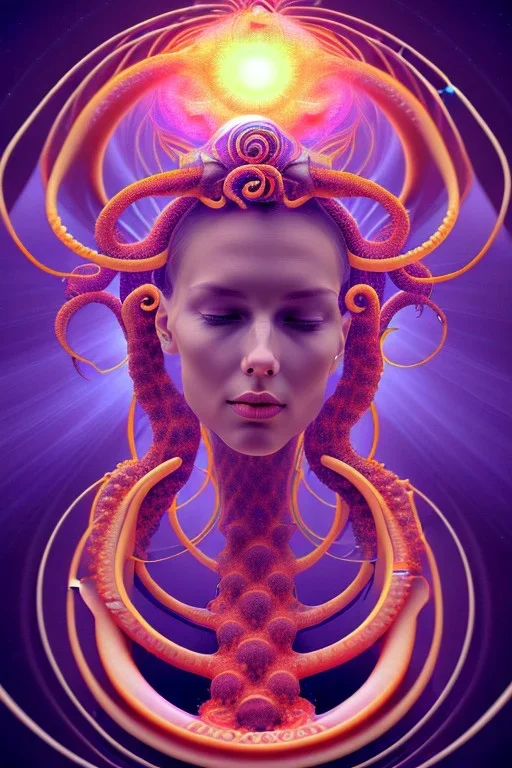 Spiritual being with Tentacles over human Head creating reality around, wrapping Spiral around Human, Psychedelic