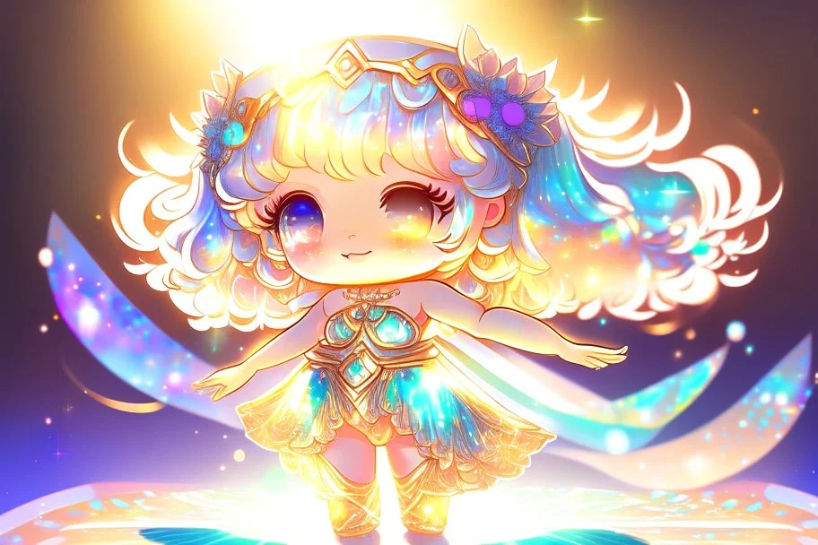 cute chibi goddess in holographic dress in sunshine