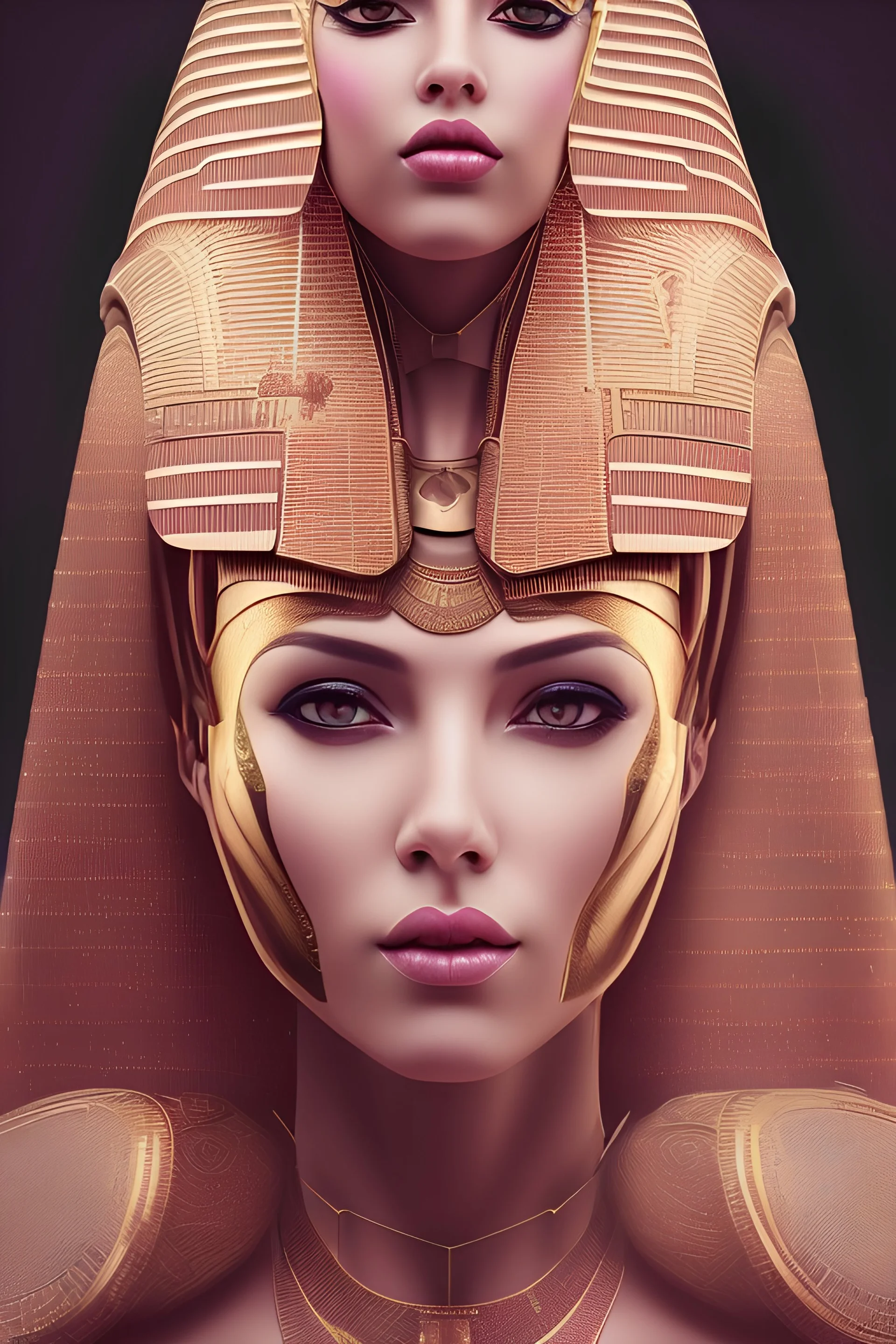 Portrait of a Egyptian lady in Babylonian costume mixed with cyberpunk dress dusty rose, golden color and pink, a lady next to her dye the hair coppery red witness the emergence of ancient time