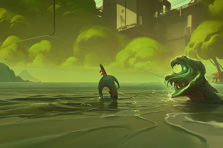 A man is attacked by a mutated monster in sea while he is fishing, cartoon style Simon Stålenhag