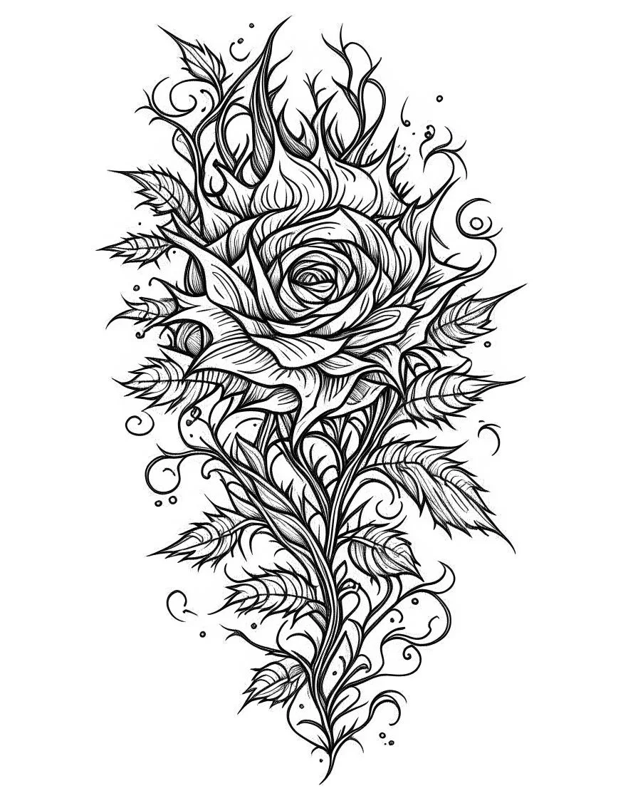 realistic thorn tattoo idea, line art, background, vector, svg, black outline on white background, leave plenty of white space beetween lines for coloring, tattoo style, tattoo idea,full body