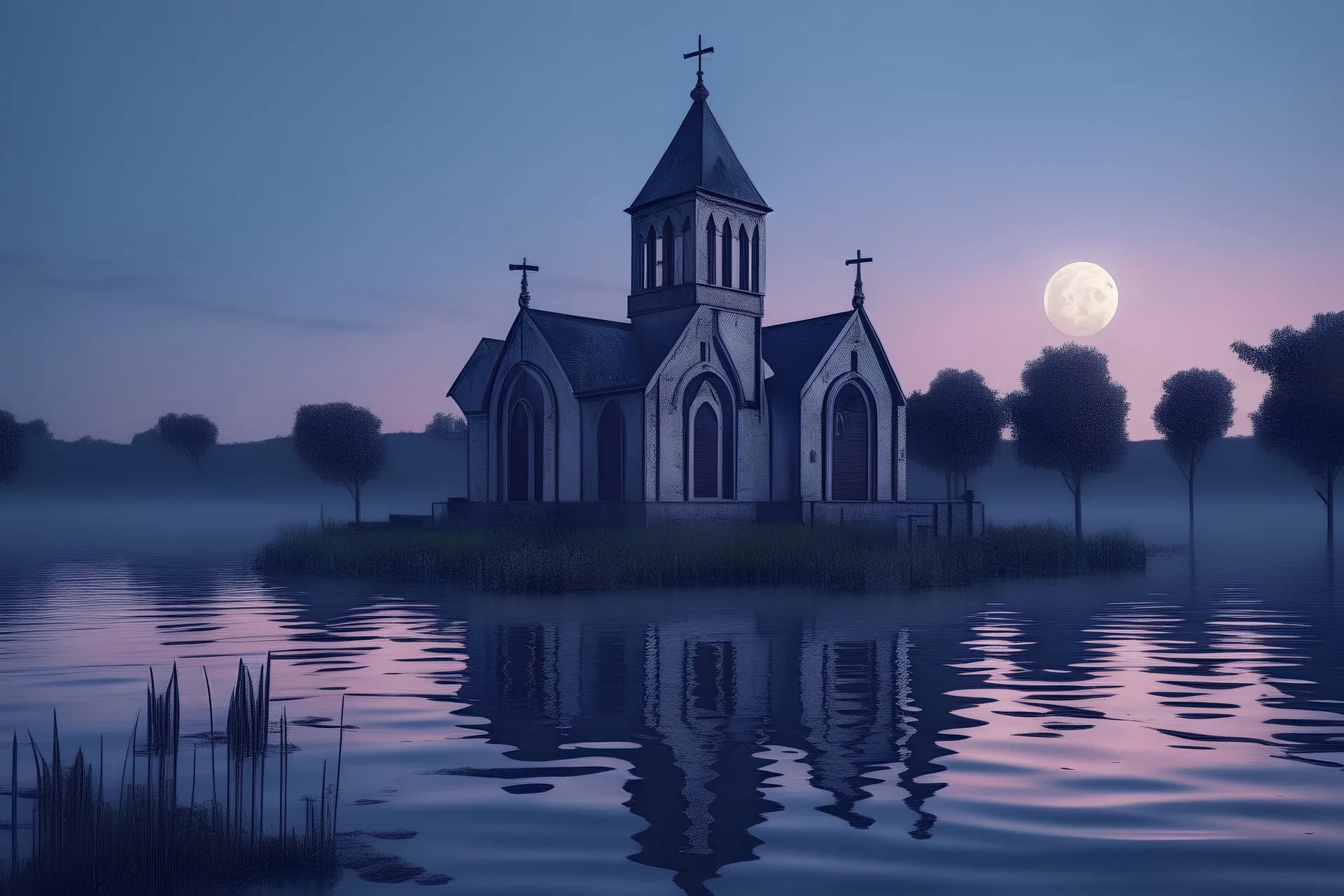 photo realistic lost abandoned church in the middle of a lake seen afar from shore with full moon in background at dusk