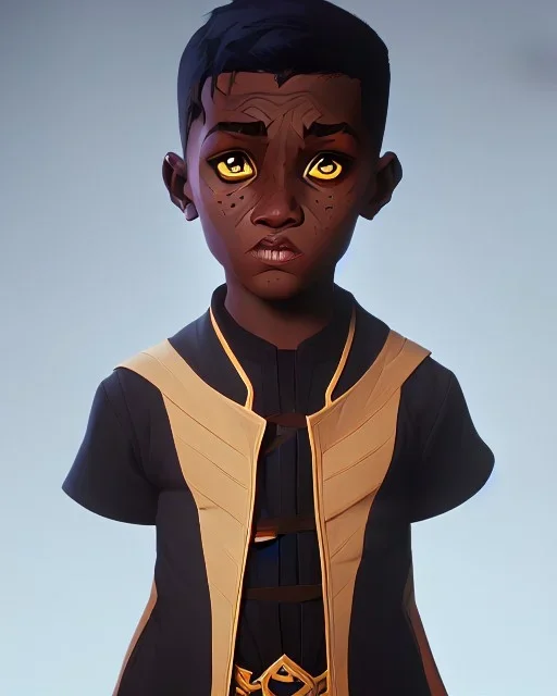 Portrait of a gorgeous black skinned toddler warlock boy with dark hair