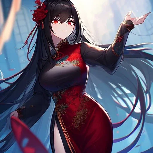 Clear focus,High resolution, black long hair, Vibrant red eyes, Emo style, Wearing a Chinese Traditional dress