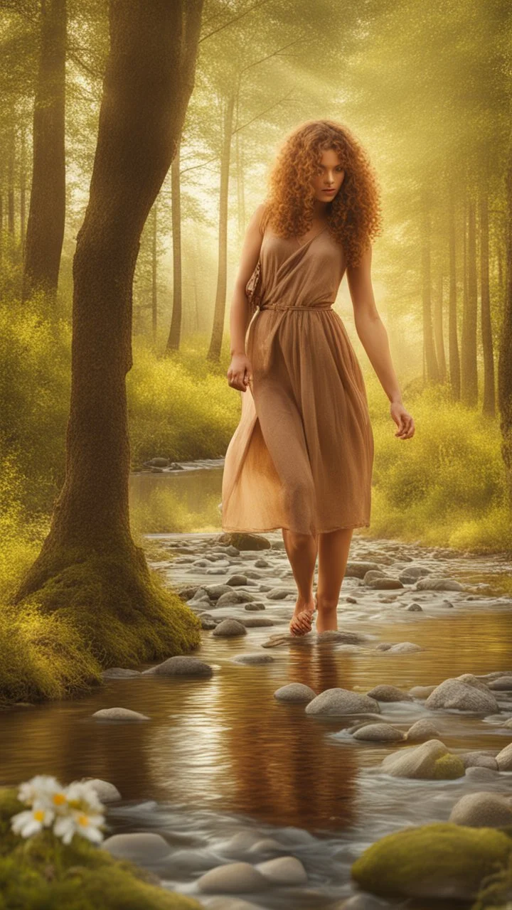 a very beautiful lady curly hair, walks in the forest with a narrow river with clean water and nice rocks on floor. The trees and wild flowers .