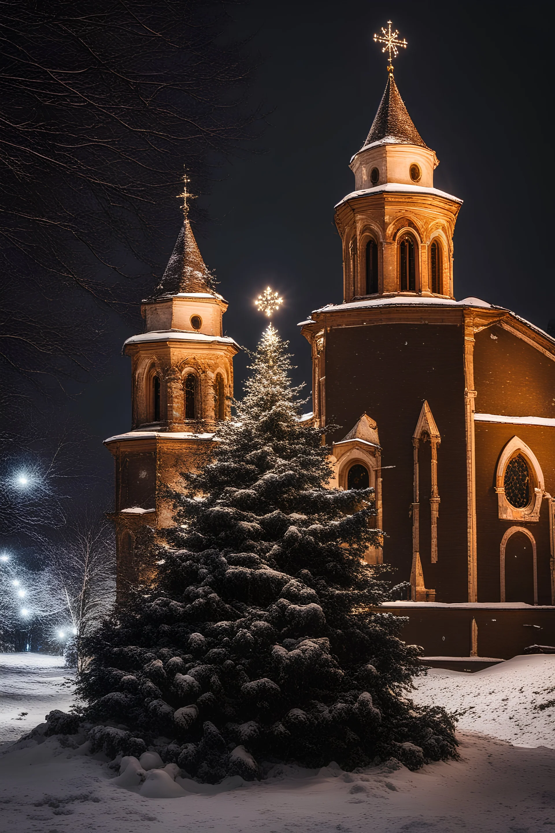 magical Christmas tree in the snow against the backdrop of an Orthodox church at night in winter