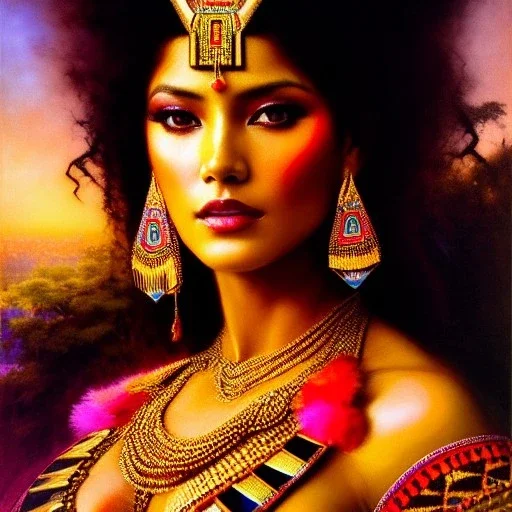 Drawing of beautiful face,busty Aztec Queen,sweet stare,aztec piramid,jungle,balanciaga fashion clothe painting by gaston bussiere, greg rutkowski, yoji shinkawa, yoshitaka amano, tsutomu nihei, donato giancola, tim hildebrandt, oil on canvas, cinematic composition, extreme detail,fit full head inside picture,16k