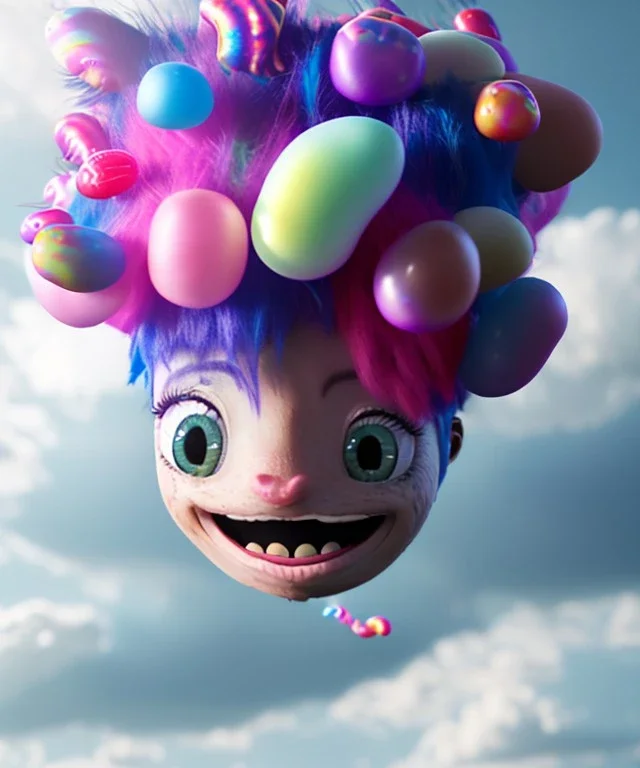 Ultra realistic speed clouds sky scene, wide angle view, sweet women falling down, inflatable color clothing, free jumping flying, many trinkets, hair monster, many jelly beans, balls, color smoke, smile, happy, circus style, extreme, wind, clouds sea, 20,000 feet altitude, stratosphere, soft color, highly detailed, unreal engine 5, ray tracing, RTX, lumen lighting, ultra detail, volumetric lighting, 3d, finely drawn, high definition, high resolution.