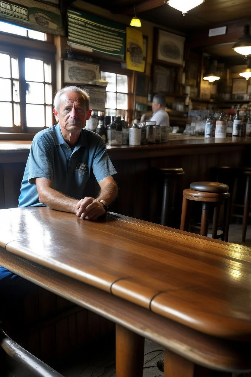 bAn innkeeper waits tables in a surfers' pub