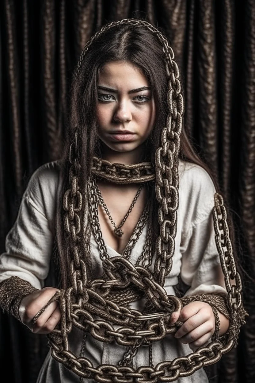 a beautiful chained woman in torn and dirty clothing shattering the iron chain