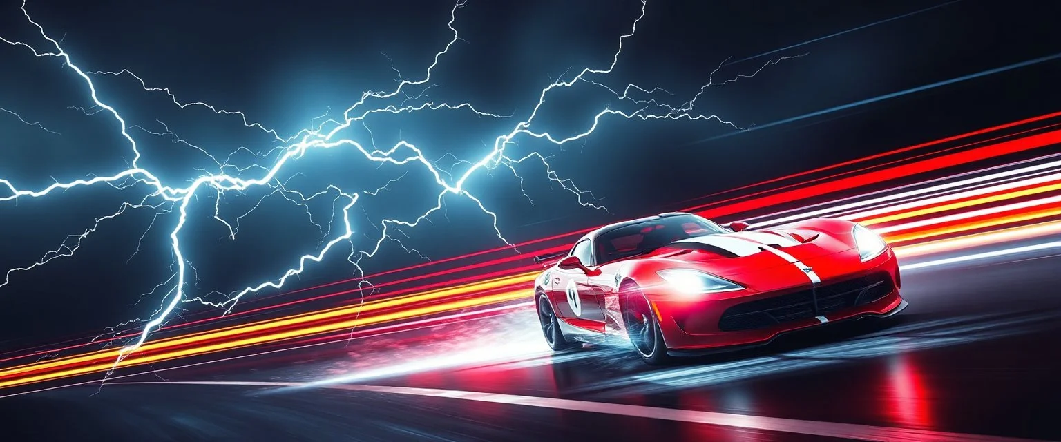 lightning and electricity streaming across composition left to right, behind is a bunch of stripes inspired by modern racing vehicle graphics to convey speed
