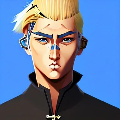 blond man samurai with cyber body and braid