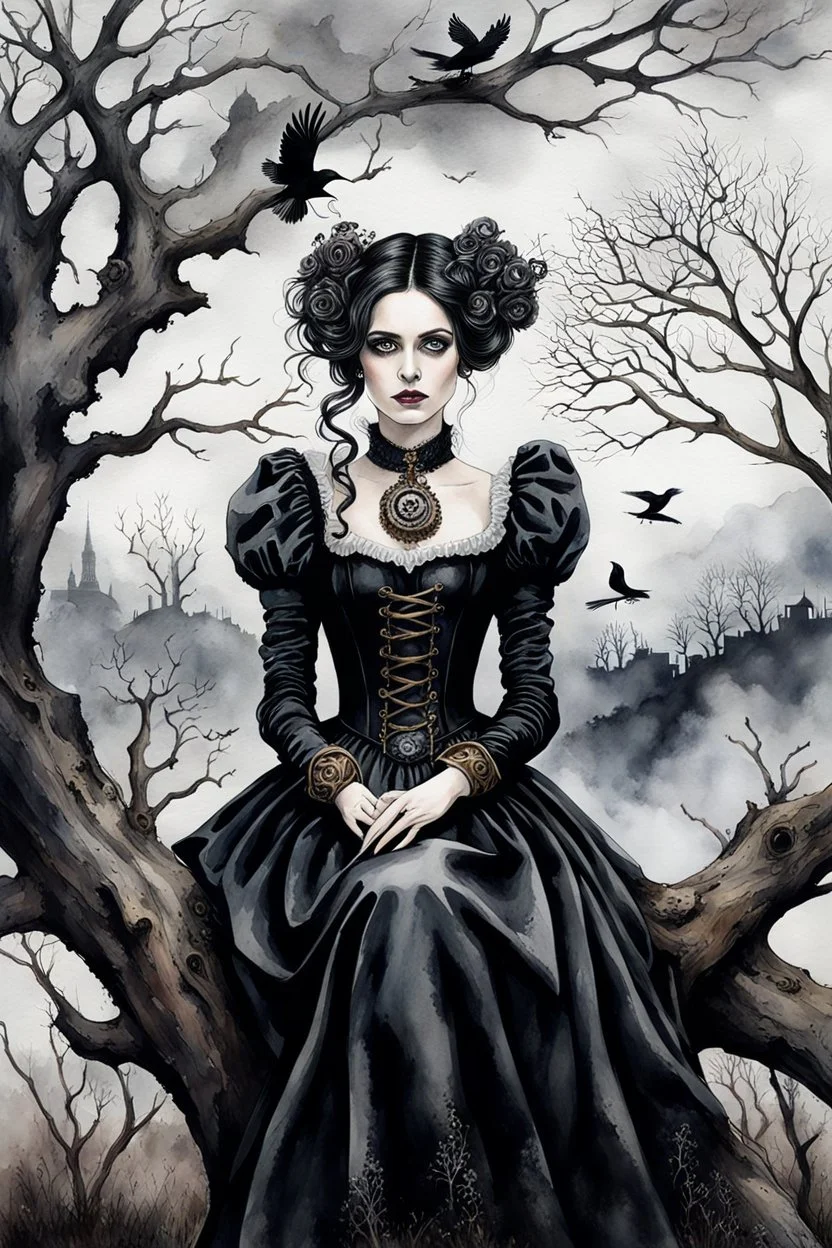 hyper realistic watercolor art style with ink of a steampunk gothic style young woman. She is like doll with pale skin, big dark eyes, tiny nose, tiny mouth, dark hair in gothic dress sitting on a dry tree branch. deep, dark colors, her face is melancholic, surreal with mysterious elements. fog, barren landscape, crows in the gray sky, thriller, weird style, smooth blending, extremely detailed, realistic textures, cinematic, dramatic lighting