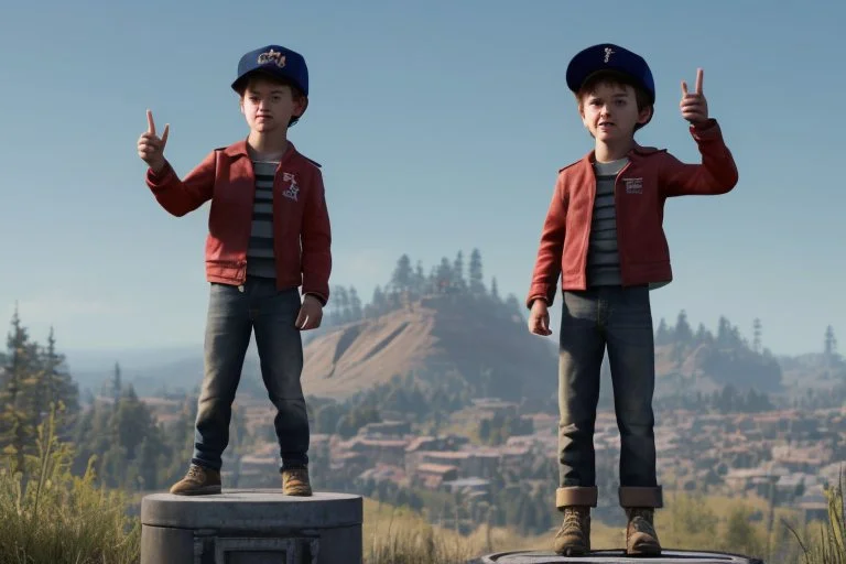 The boy is standing on a stylized podium, raising his right hand victoriously in the air, with his fingers forming a "V" sign. His left hand holds a symbolic representation of his achievement, which could be a miniature golden cup, a shining star, or any object that reflects the context of the competition or event.