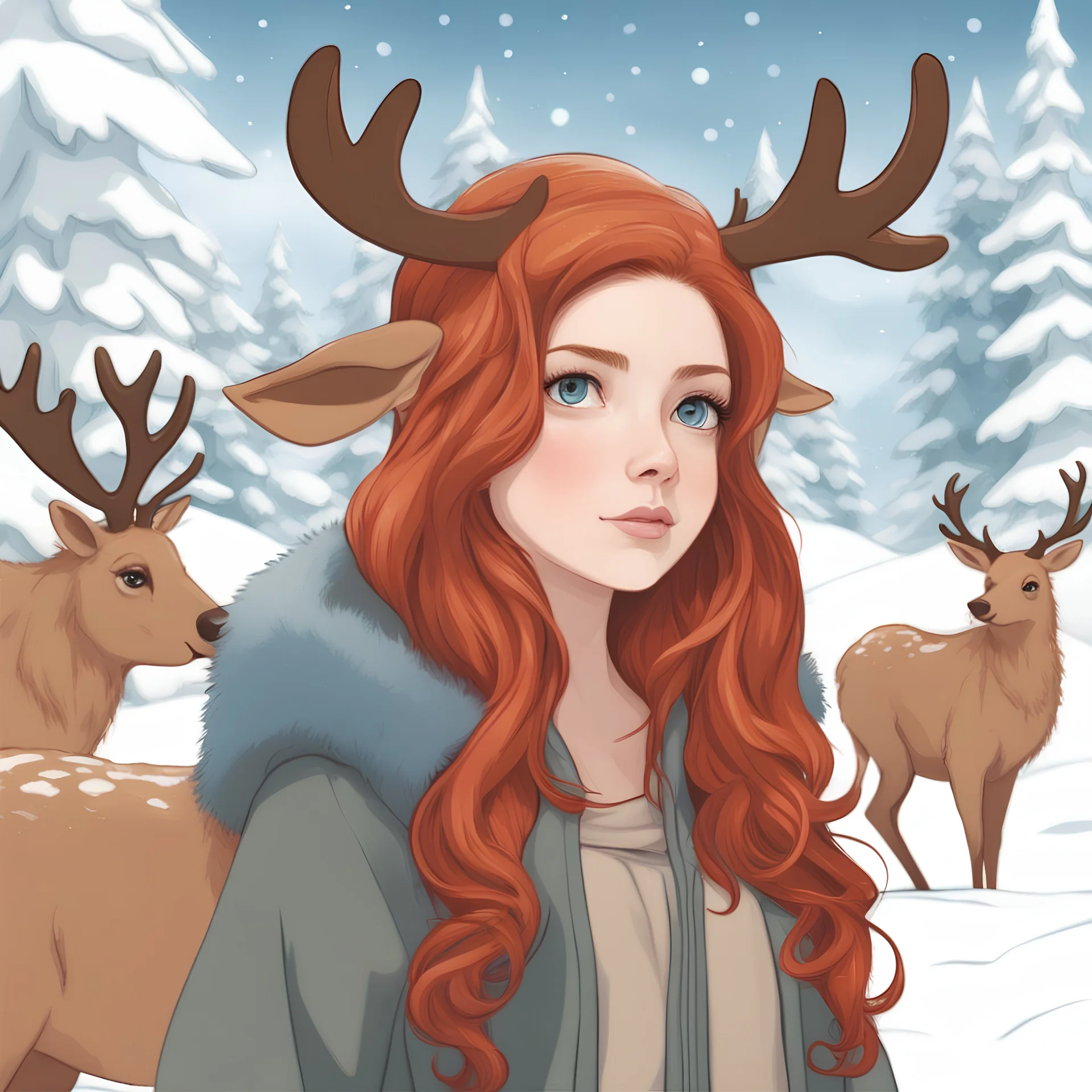 red haired girl in a tawny reindeer onesie with antlers blue eyes looking over shoulder towards viewer snowy background art