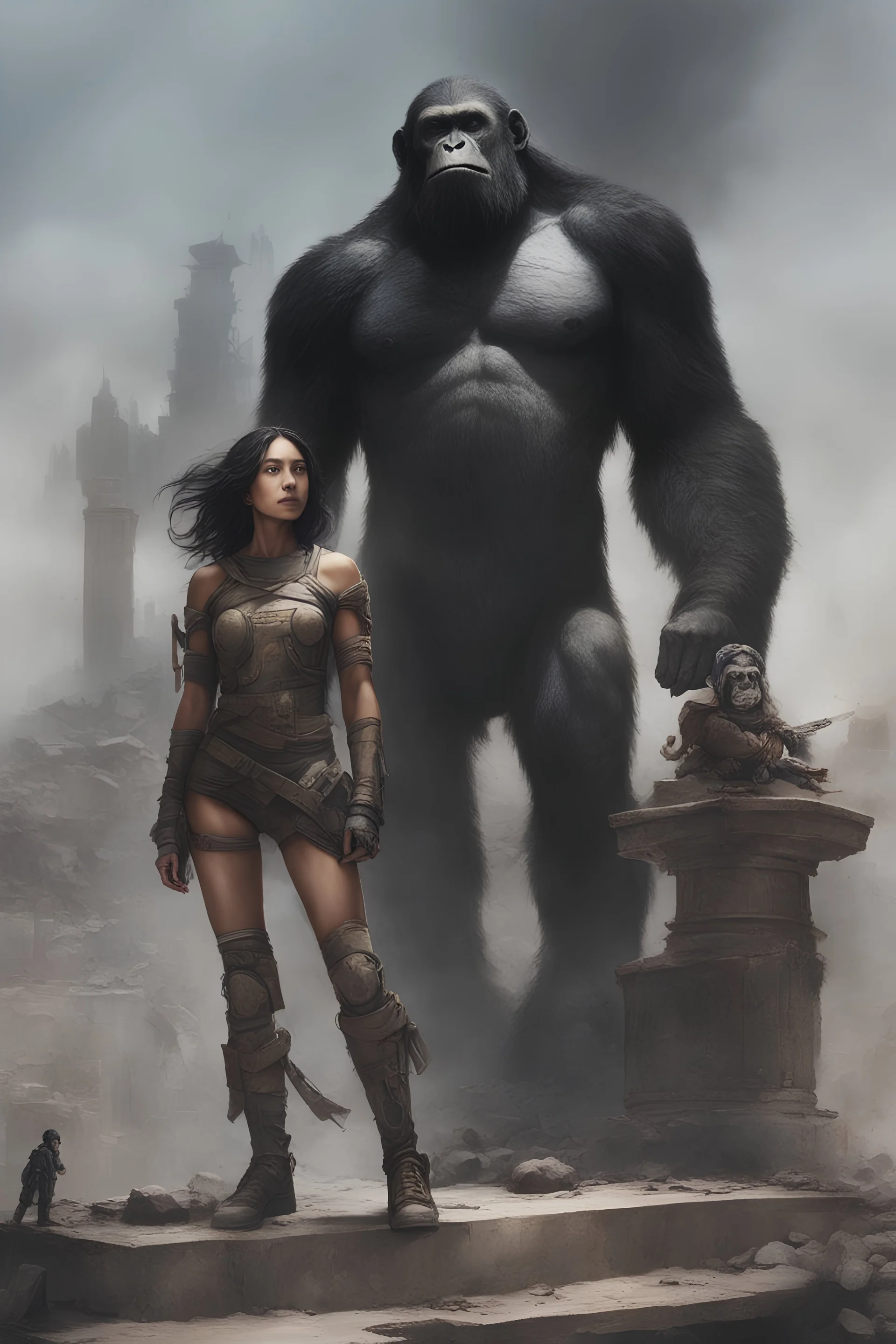 Aji Danajiu black hair, wearing superhuman clothes, standing on top of a pedestal in a post-apocalyptic wasteland next to Caeser, the king of the apes