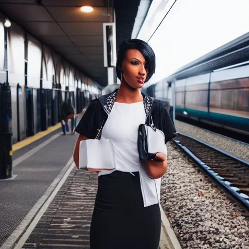 A beautiful slender transgender woman with short black hair waiting for a man at a train station in London