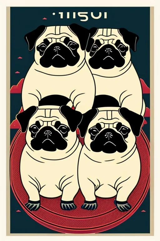  a group of pugs that are on top of each other, a poster by Nōami, ukiyo-e, anime aesthetic, minimalist.