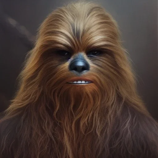 photorealistic and intricate portrait of chewbacca in star wars by tom bagshaw, wearing beskar armor, deep dark colors, hyperdetailed, 32K, oil on canvas,