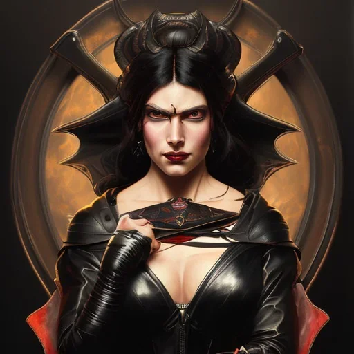 painting of evil goddess in black leather, angry, strong, volouptous, busty, cleavage, emperious, mature, highly detailed, digital painting, artstation, concept art, smooth, sharp focus, illustration, art by gaston bussiere and alphonse mucha