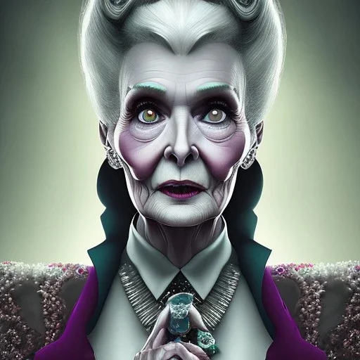 extrem tim burton style of old evil lady stepmother, sharp focus