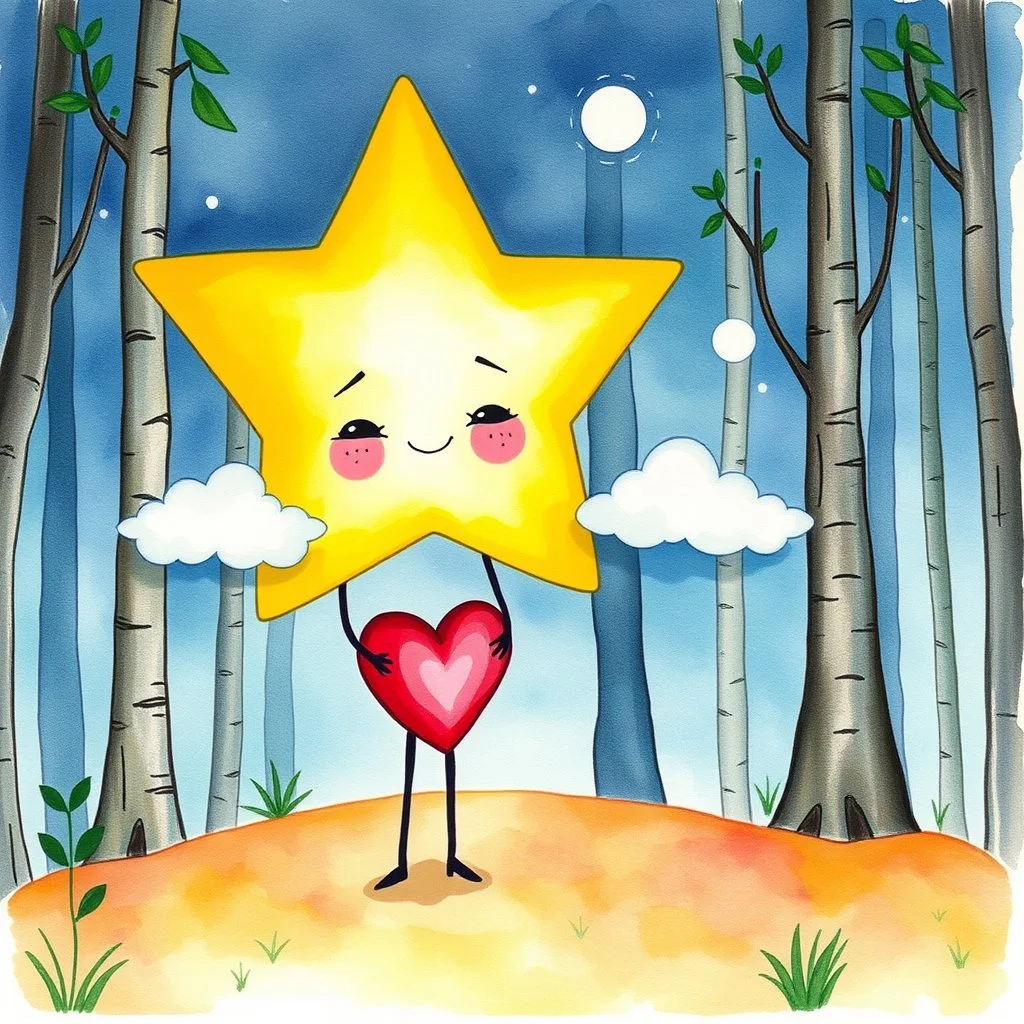 vinyette star-buddy and a heart-buddy with clouds in the forest-of-feelings, (Elena Kucharik watercolor)