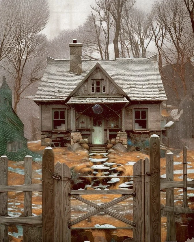 lone old stone cottage with lights on, by Frozen apocalypse " a patchwork art by Jamie heiden, peter doig, Renoir, pol Ledent, endre penovac, Gustave Loiseau, Arthur Rackham, Doug Chinnery, Maud Lewis. inlay, watercolors and ink, beautiful, fantastic view, extremely detailed, intricate, best quality, highest definition, rich colours. intricate beautiful dynamic lighting award winning fantastic view ultra detailed 4K 3D high definition hdr elegant intricate beautiful award winning fantastic view