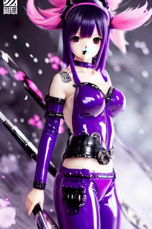 Detailed cute anime Kunoichi girl, purple hair buns, purple bangs, black latex bodysuit, intricate details, full body portrait, keep head in frame, slight smile, black Japanese motif, concept art, highly detailed, digital painting, concept art, sharp focus, illustration, art by Yoji Shinkawa, WLOP and greg rutkowski and alphonse mucha and artgerm and yanjun Chen and Junji ito and Makoto Shinkai, HDR, octane render