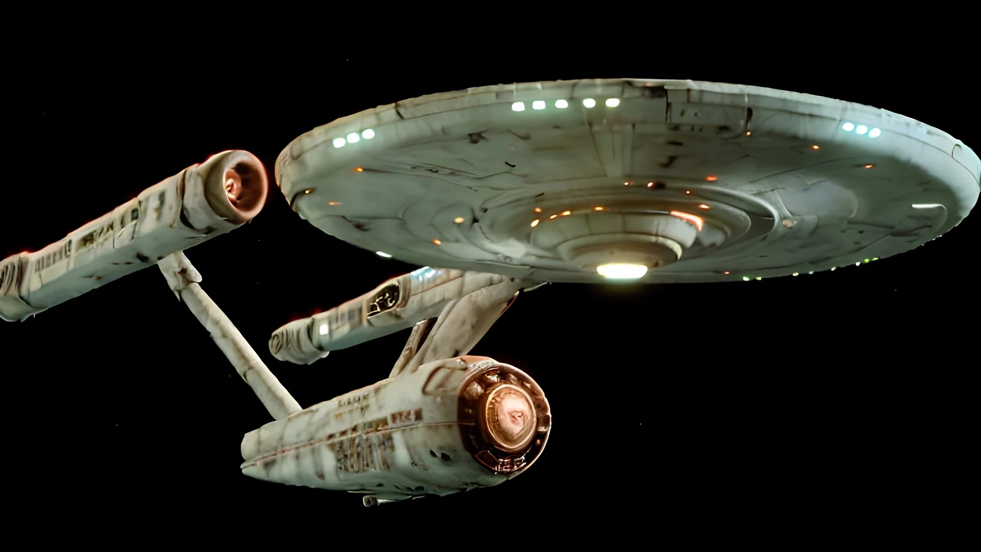 a screen capture from a star trek movie of a battle-damaged starship enterprise IN the year 2380 IS IN A BATTLE with monster ufos sci-fi meticulous, highly-polished, photorealistic, studio production, intricately detailed, GALACTIC, directed by gene Roddenberry, move saucer section forward and nacelles back