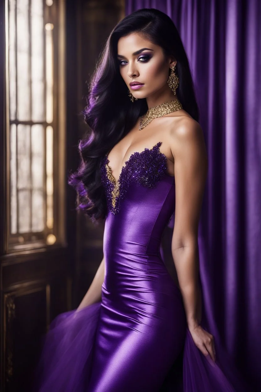 The raven-haired temptress is equally breathtaking. Her silken black tresses contrast sharply with the purple shimmer of her dress, which accentuates her hourglass figure., she stand in a room bathed in ethereal purple and gold