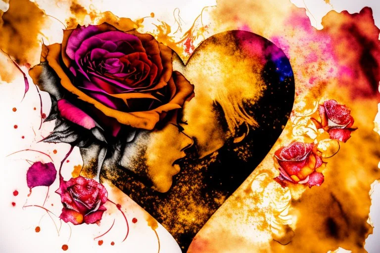 double exposure, merged layers, roses with dynamically blazing fire in ochre, ink splatter art, watercolor and ink, golden glitters, double exposure heart and love