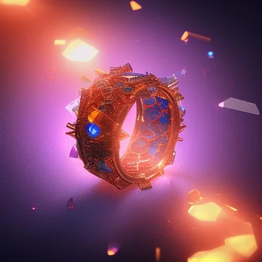 Ring made by wood roots and shreds of glass, orange diamonds sparkles, red rubi fragments around, blue lights reflexes, complex structure, gold details, intricate ring pattern,Unreal Engine 5, macro lens,sharp focus, photorealistic, hyper detailed, studio lighting, neon light ambient, cinematic