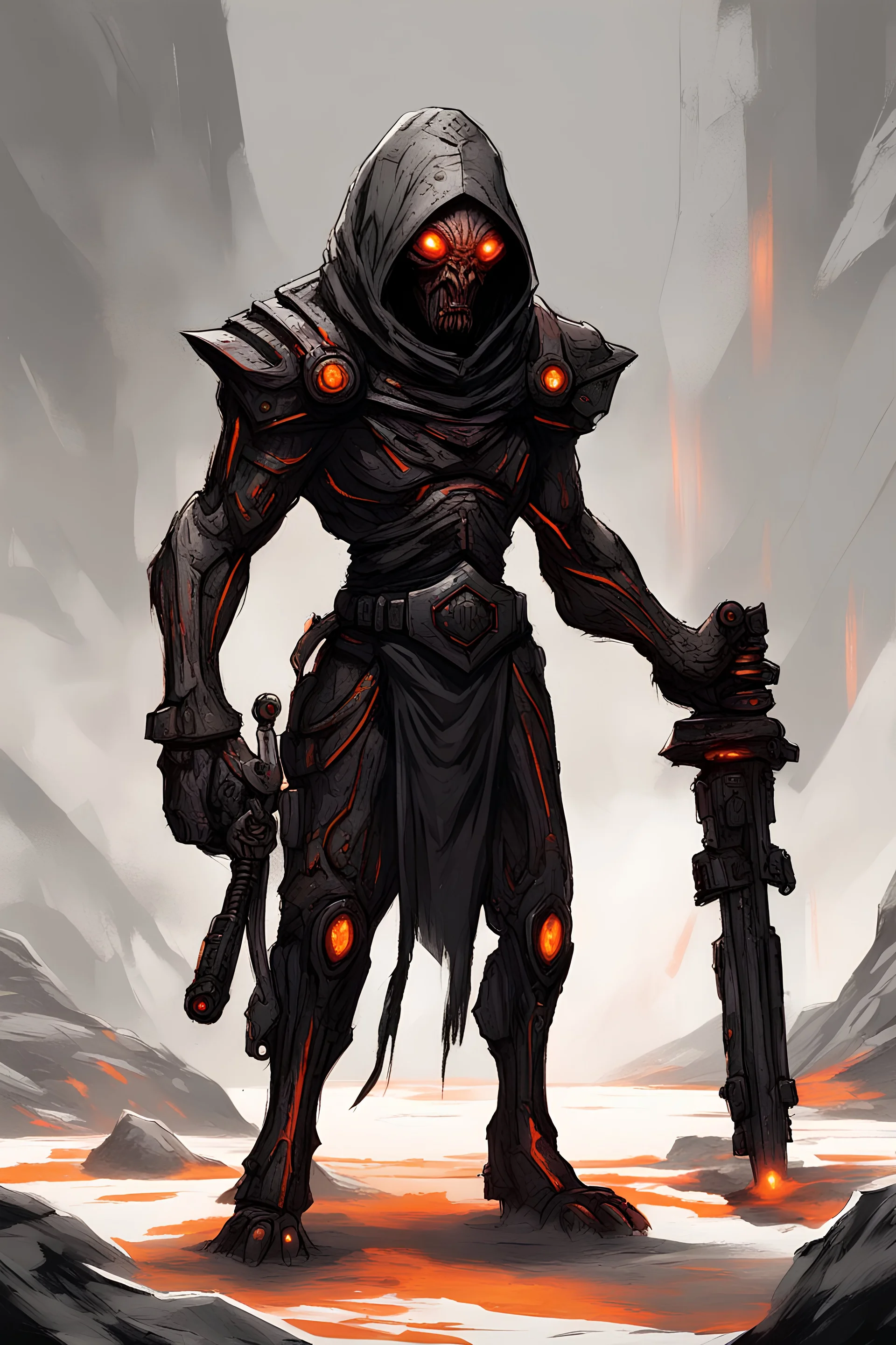 A menacing alien Sith warrior concept with orange eyes and a lot of arms, wielding 4 crimson laser sticks in a dark and gritty style.