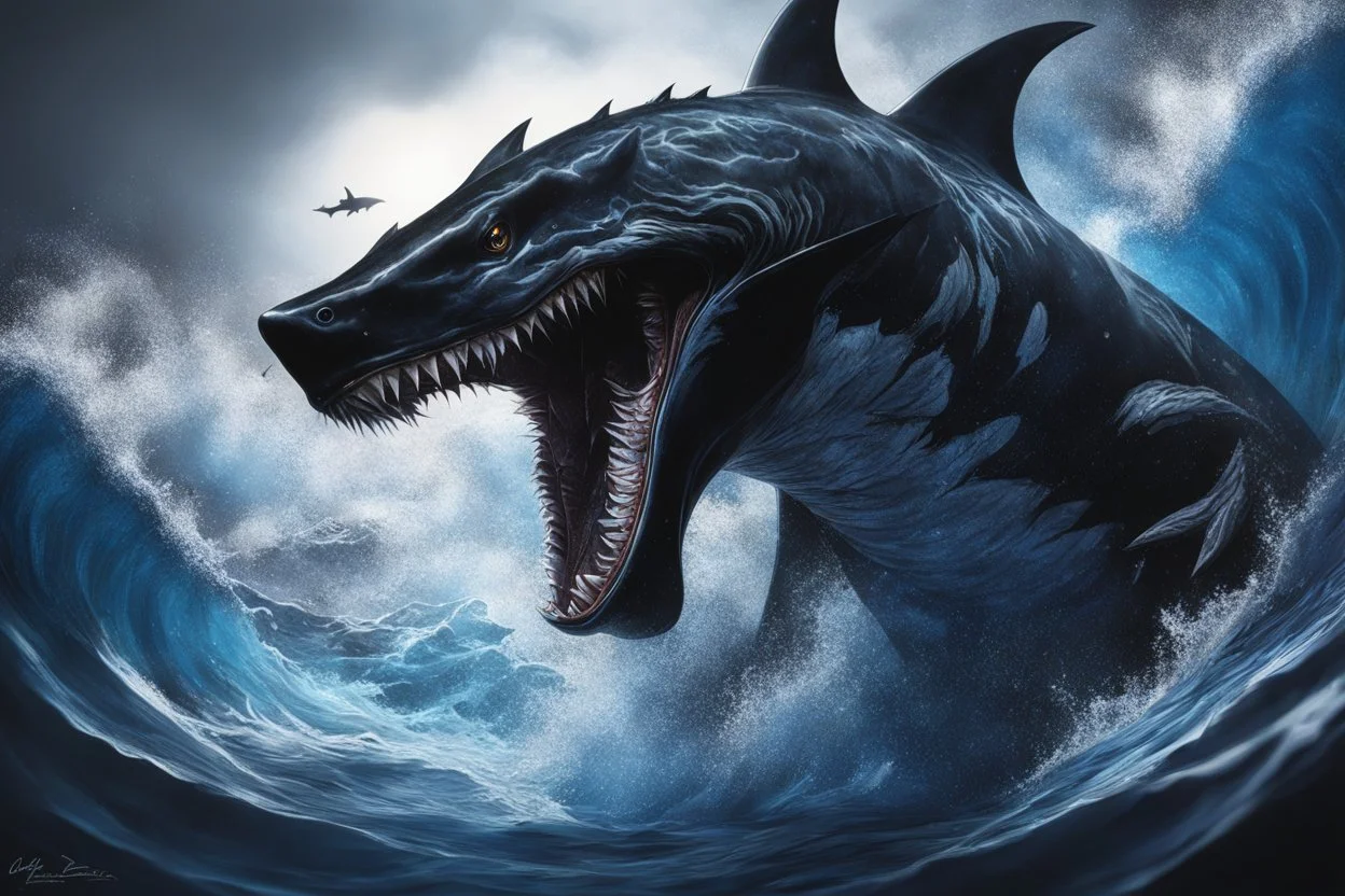 Huge Black venom in 8k solo leveling shadow drawing, shark effects, blue lights, sea, intricate details, highly detailed, high details, detailed portrait, masterpiece,ultra detailed, ultra quality