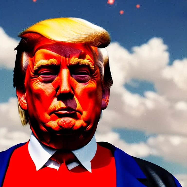 Realistic image of Donald trump super hero, retro style, watchmen style, red white blue colors, white stars, suspenders, latex material, 80s, vibrant color, highly detailed, sky background, concept art, unreal engine 5, god rays, ray tracing, RTX, lumen lighting, ultra detail, volumetric lighting, 3d, finely drawn, high definition, high resolution.